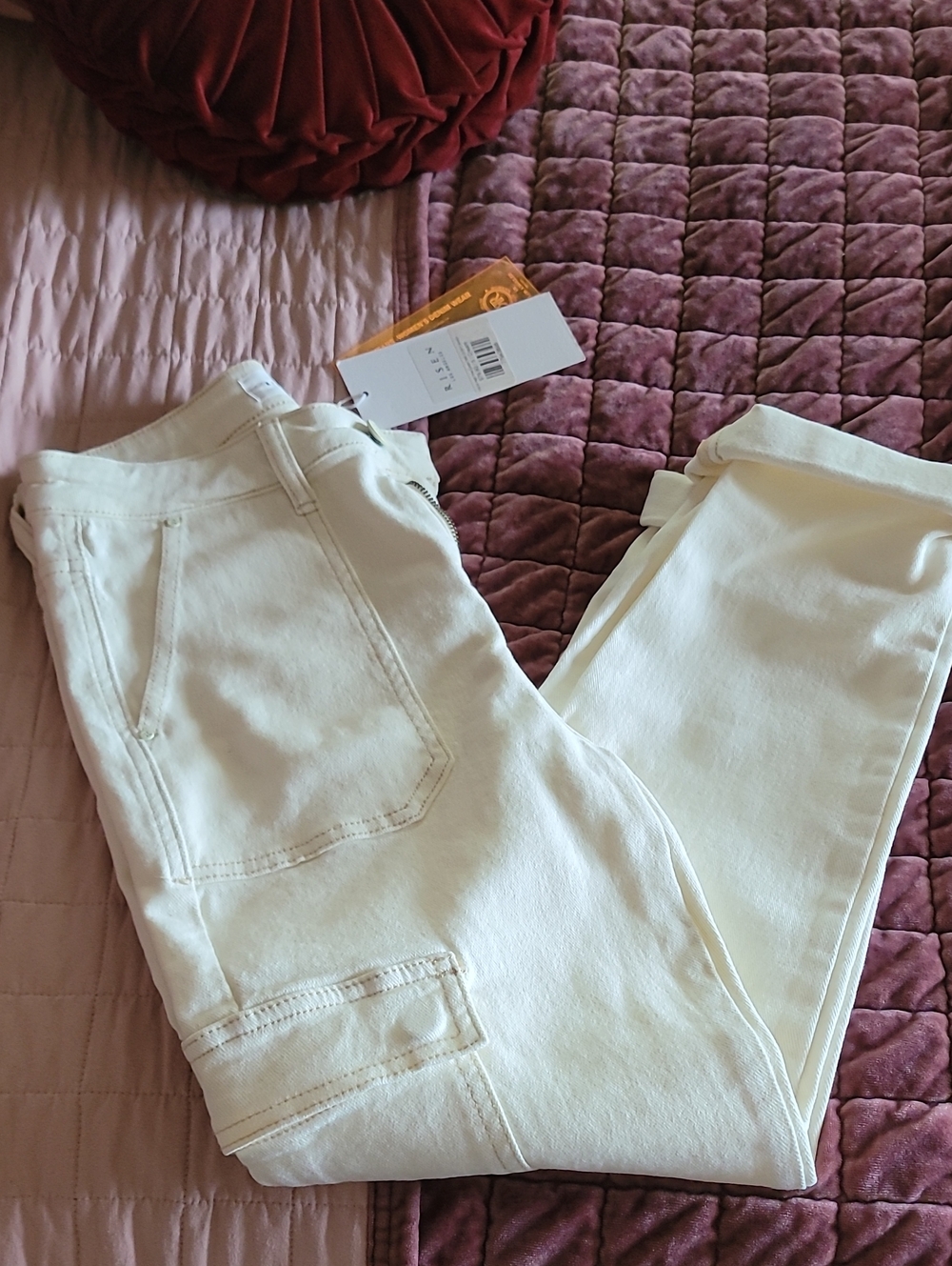 Risen Women's Cream Cargo Jeans, Roll-up Hem